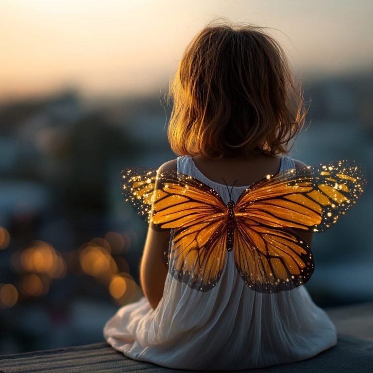Wenn mein Inneres Kind Flügel bekommt Ein kleines Mädchen schaut in die Ferne auf Lichter die funkeln. Sie sitzt entspannt. Auf ihrem Rücken trägt sie Schmetterlingsflügel.